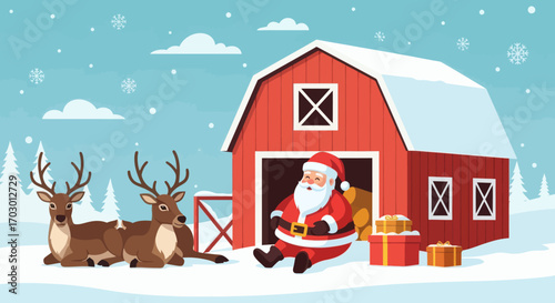 Jolly Santa Claus and two reindeer rest outside a red barn covered in snow with falling snowflakes and presents