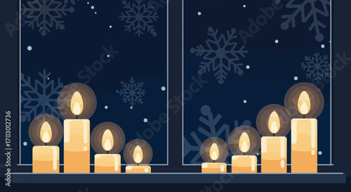 Lit candles on a window sill against a dark snowy night sky with various snowflakes visible through the panes