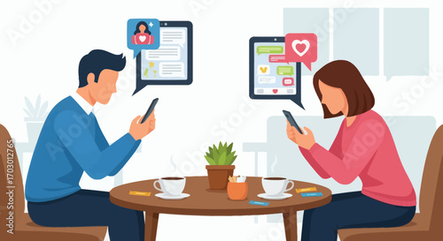 Man and woman sit at cafe table absorbed in smartphones engaging in digital conversation via messaging apps