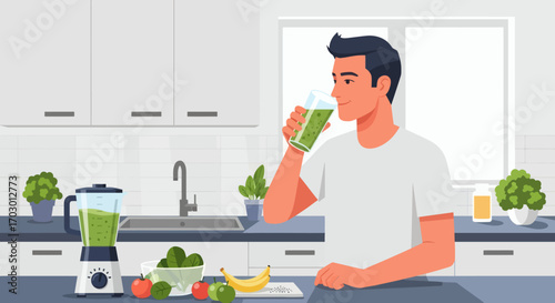 Man drinking green smoothie in a kitchen with blender fruits and spinach on counter