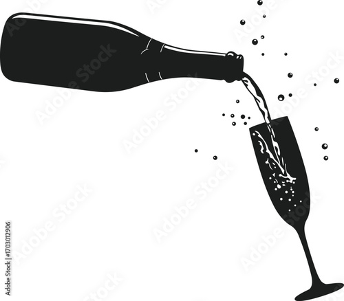 New Year Champagne Silhouette Vector with Glass - Festive Party Celebration Illustration