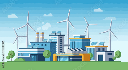 Modern city skyline with blue buildings numerous wind turbines and rooftop solar panels on a green landscape