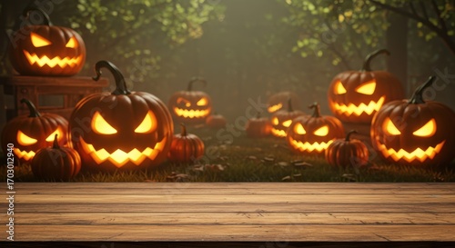 Spooky Halloween Scene with Jack-O'-Lanterns Illuminated in a Magical Forest Setting