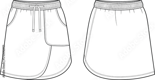 Women’s sports skirt fashion flat sketch front and back view, activewear skirt with drawstring waistband and pockets clothing template
