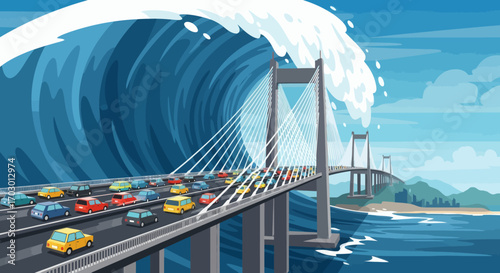 Massive blue tsunami wave breaking over a long suspension bridge packed with cars under a clear sky