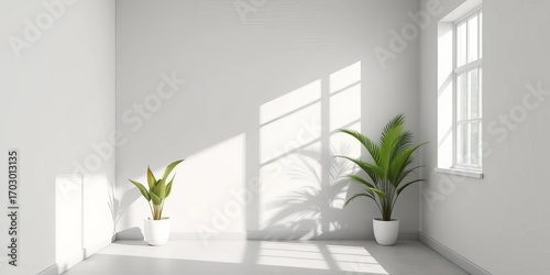 Minimalist pastel gray room interior, empty wall, plants, window light, shadows, subtle, gray