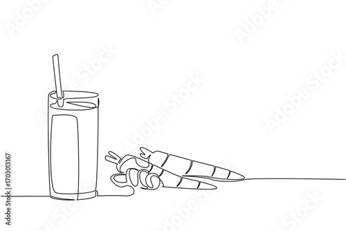 Single continuous line drawing glass of carrot juice with a straw in the glass. Delicious cold juice that is nutritious for the eyes. National Juice Slush Day. One line design vector illustration