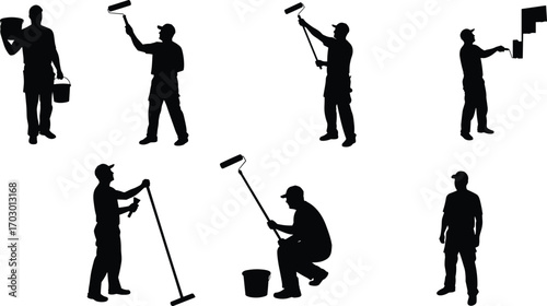 Silhouette of professional painter worker using paint roller and brush with bucket in various painting and decorating actions