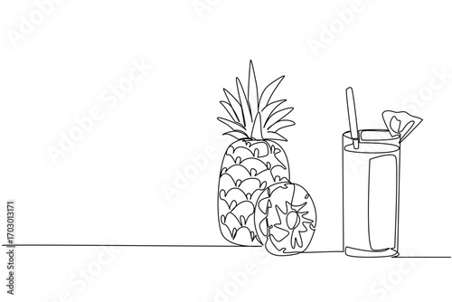 Continuous one line drawing glass of pineapple juice with a straw in the glass. Honey pineapple. Freshness and sweetness in one. National Juice Slush Day. Single line draw design vector illustration