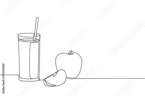 Single one line drawing glass of apple juice with a straw in the glass. Sweet or sour, the deliciousness completes the day. Tasty. National Juice Slush Day. Continuous line design graphic illustration