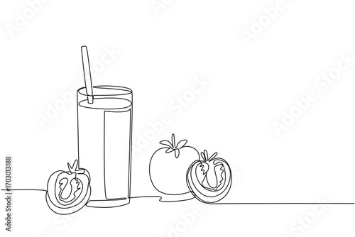 Continuous one line drawing glass of tomato juice with a straw in the glass. Freshness quenches thirst. Delicious. Vitamin rich. National Juice Slush Day. Single line draw design vector illustration