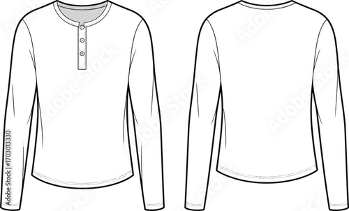 Men’s long sleeve henley shirt fashion flat sketch, round neck button placket shirt template, casual apparel clothing design vector illustration