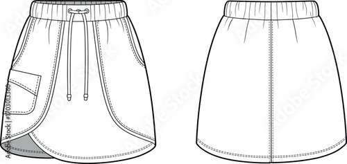 Women’s sports skirt flat fashion sketch front and back view, activewear skirt with drawstring waistband and side cargo pocket