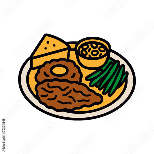 A whimsical cartoon illustration of a delicious southern comfort food meal on a plate