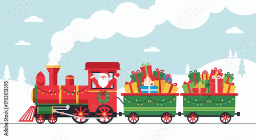 Santa drives a festive red and green train loaded with gifts through a snowy winter landscape