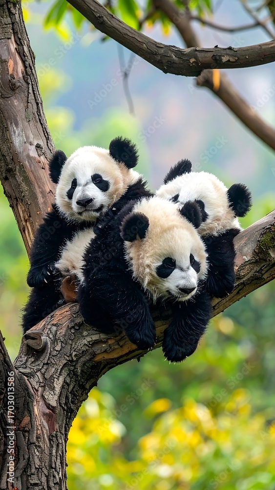 Obraz premium Three panda cubs nestled in a tree