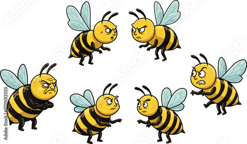 Angry cartoon bees arguing and fighting, funny insect characters with expressive faces, vector illustration of conflict, bee swarm emotions concept