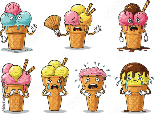 Funny melting ice cream characters, cartoon food illustration, emotional dessert cones, hot summer concept, sad ice cream faces, melting sweets