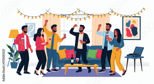 Seven people dancing and drinking wine at an indoor party with string lights a sofa and a record player