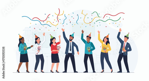 Six office workers wearing party hats and holding party favors celebrate with confetti and streamers falling