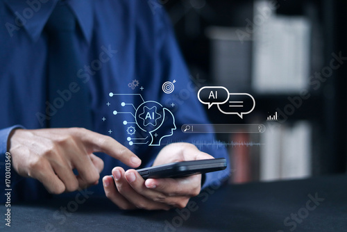 AI artificial intelligence searching concept. SEO automation, search assistance. Generative artificial intelligence analyzing text and making summary.