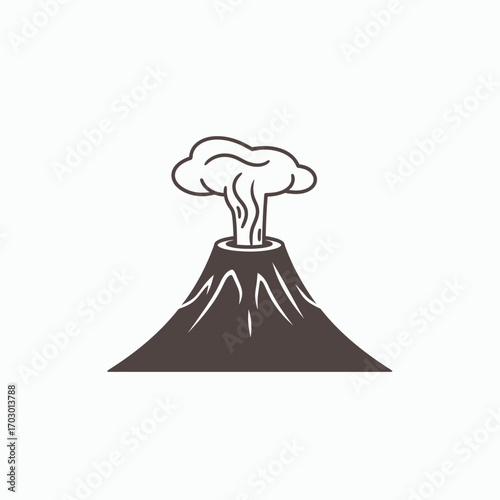 Stylized dark brown volcano emitting a thick plume of white smoke from its crater against a plain white background