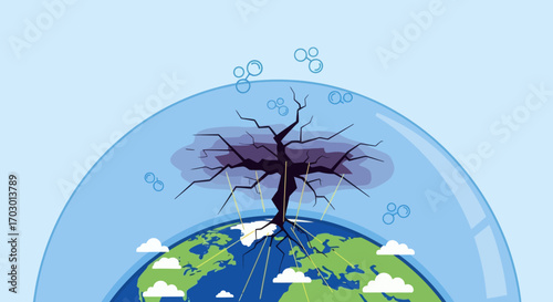 Stylized Earth globe with a cracked leafless tree enveloped by a light blue dome with floating bubbles