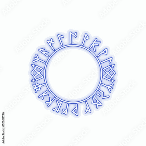 Stylized blue outline drawing of a circular rune and symbol mandala with a white center and subtle outer glow