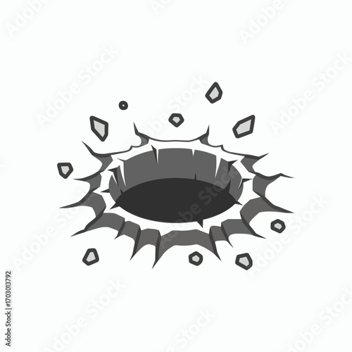 Stylized gray crater with jagged edges and flying debris Dark hole center white background