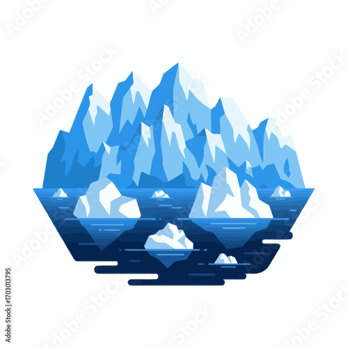 Stylized hexagonal illustration of an arctic landscape with jagged blue mountains and white icebergs floating in dark blue water