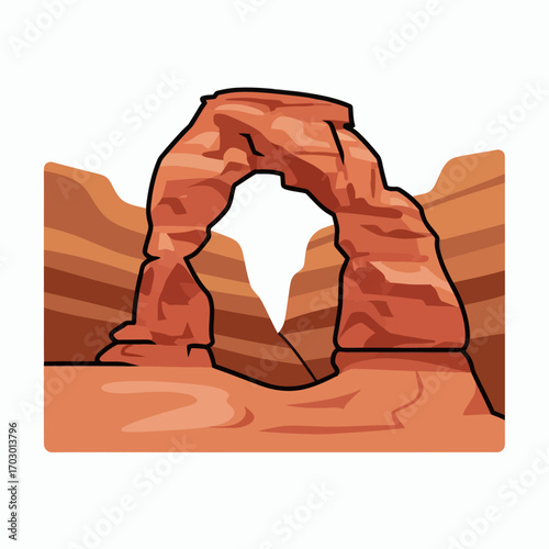 Stylized illustration of a red sandstone natural arch in a desert landscape with layered rock formations