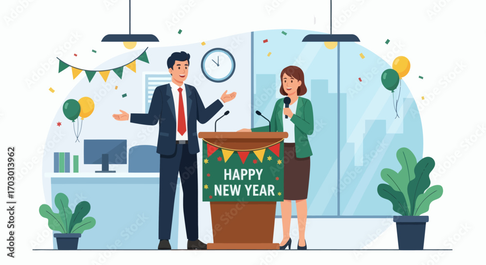 Fototapeta premium Two people at a HAPPY NEW YEAR podium in a decorated office surrounded by confetti and balloons