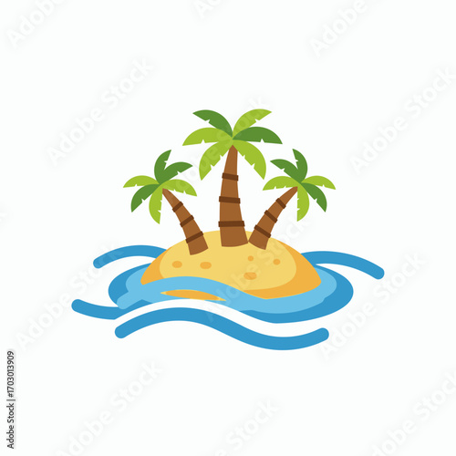 Stylized tropical island with three palm trees in the ocean surrounded by blue waves