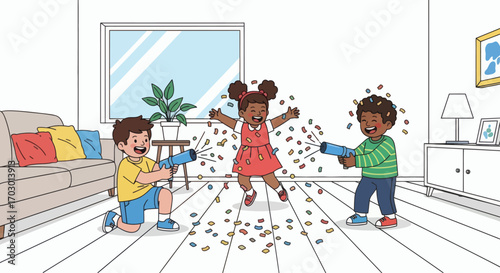 Three smiling children two boys and one girl play with confetti poppers in a brightly lit living room
