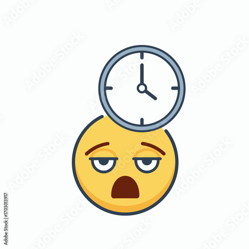 Tired yellow emoji face with drooping eyes open mouth and a clock resting on its head white background