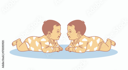 Two cartoon babies on their bellies facing each other wearing cloudpatterned onesies on a blue mat