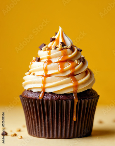 Chocolate cupcake with vanilla cream frosting caramel drizzle and toppings sweet bakery dessert gourmet indulgent food treat