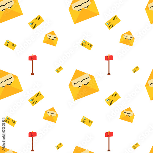 Colorful mail pattern featuring envelopes and mailbox in a cheerful layout design