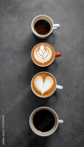 Top view of coffee cups with latte art and black coffee on dark background, modern cafe drink photography