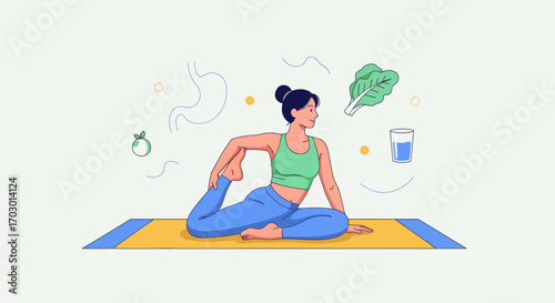 Woman in a pigeon yoga pose on a yellow mat surrounded by abstract stomach outline lettuce and water glass