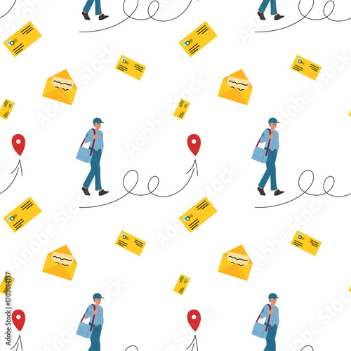 Postal worker delivering letters in a vibrant pattern design featuring envelopes and pins