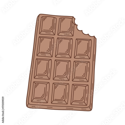 A simple hand-drawn illustration of a bitten milk chocolate bar, representing a tasty snack and a moment of sweet indulgence