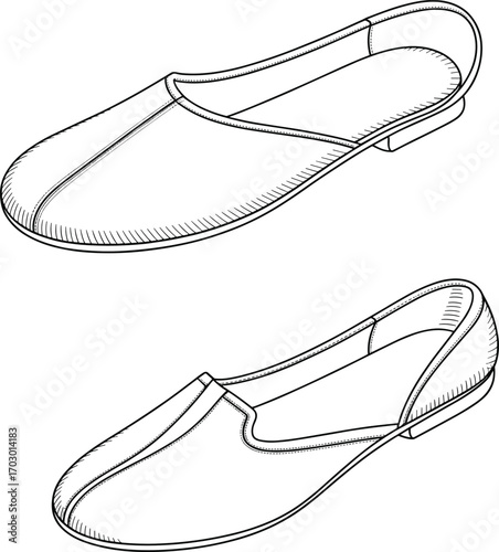 Minimalist slip‑on shoe technical illustration, detailed footwear design drawing, fashion flat sketch, unisex casual loafer outline, vector line art style