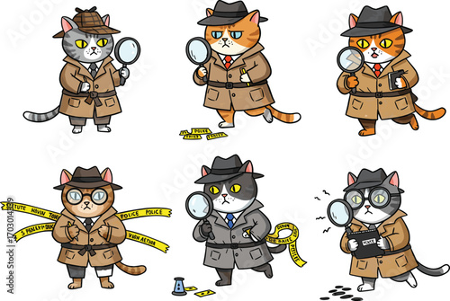 Detective cartoon cats in trench coats with magnifying glasses, police crime scene investigation concept, cute vector mystery illustration