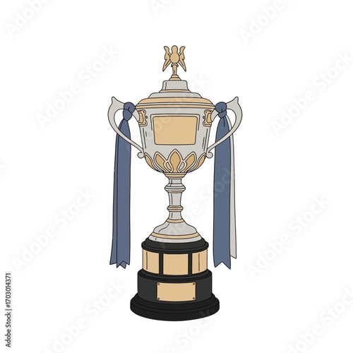 Elegant championship trophy cup with ornate silver and gold details and blue ribbons, symbolizing victory and success in a prestigious tournament