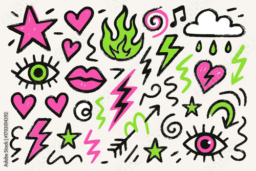 Hand-drawn neon doodle collage with graffiti style shapes and playful expressive design