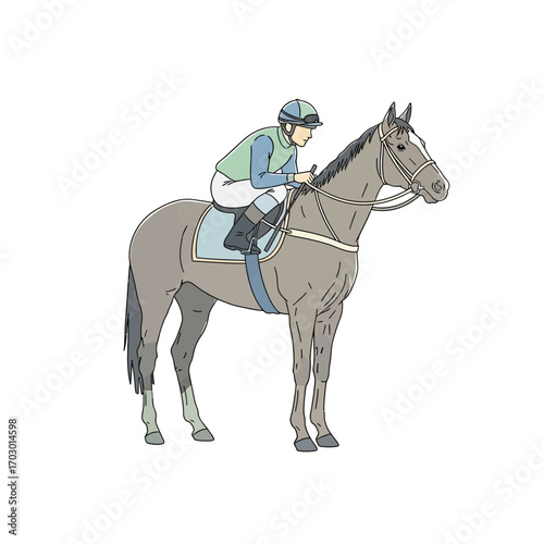 Hand-drawn illustration of a jockey in colorful silks riding a saddled thoroughbred racehorse, isolated side view for equestrian sport concepts