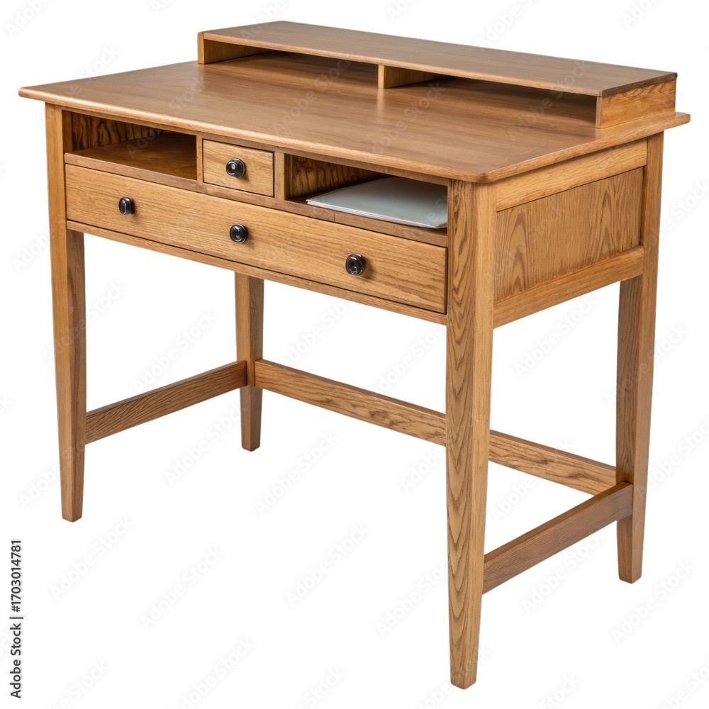 Fototapeta premium Watercolor Wooden Writing Desk with Drawers and Shelf