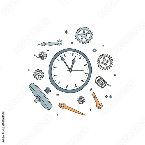 Vector art of a classic analog clock with its mechanical parts disassembled. A conceptual graphic representing time, repair, and the complexity of machinery