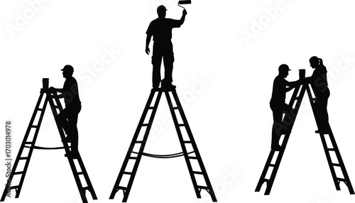 Silhouette of workers standing on ladders painting and collaborating, wearing helmets, teamwork, construction maintenance, safety, industrial labor, and repair concept.
